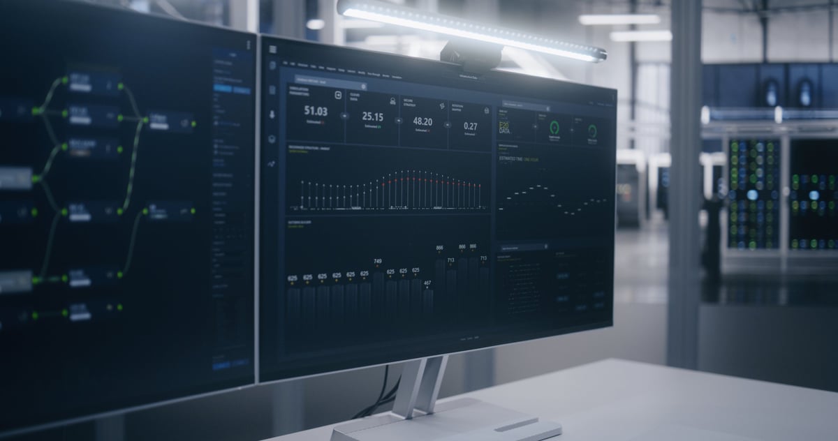 Close Up on Two Monitors in Clean Office, Showing Complex Flow Diagrams and Performance Statistics. Monitoring Network Flow and System Performance. Network Management, and Technical Control Center.