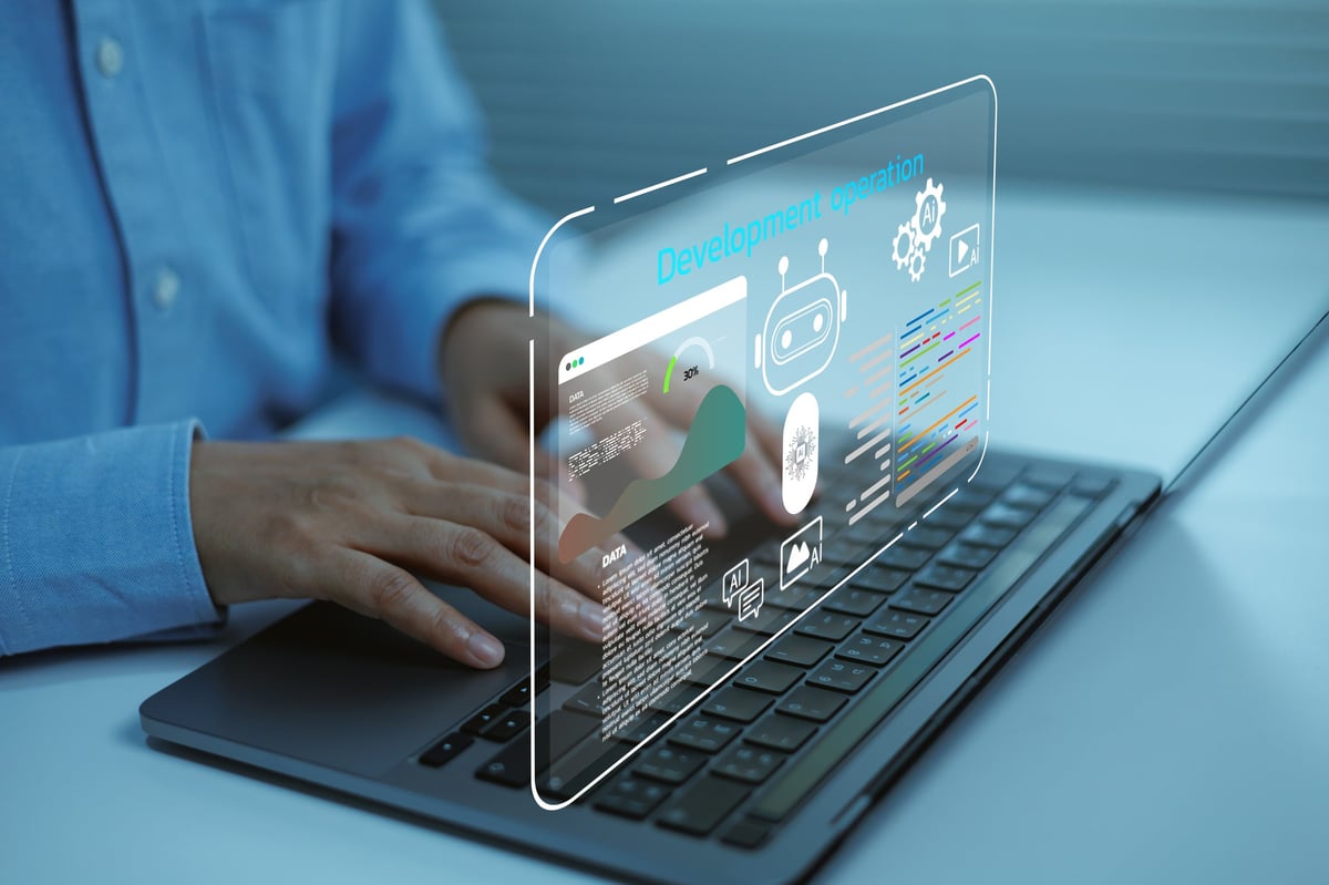 Business professional using artificial intelligence development operation dashboard on laptop analytics, automation coding interface digital transformation, machine learning smart technology solutions