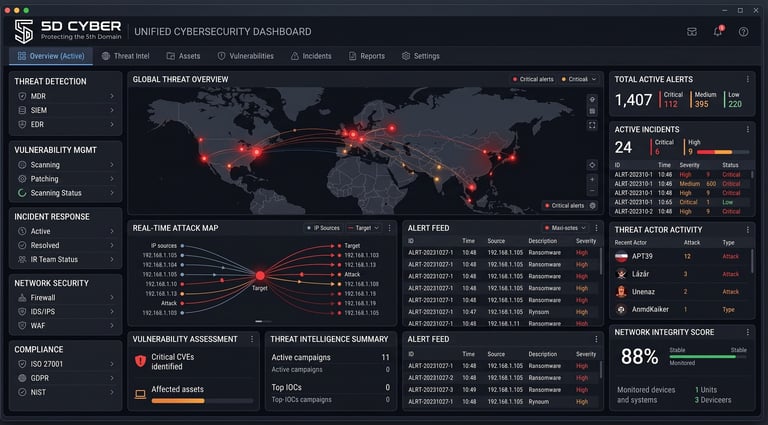5D Cyber unified cybersecurity dashboard showing global threat map with 1,407 active alerts and security metrics.